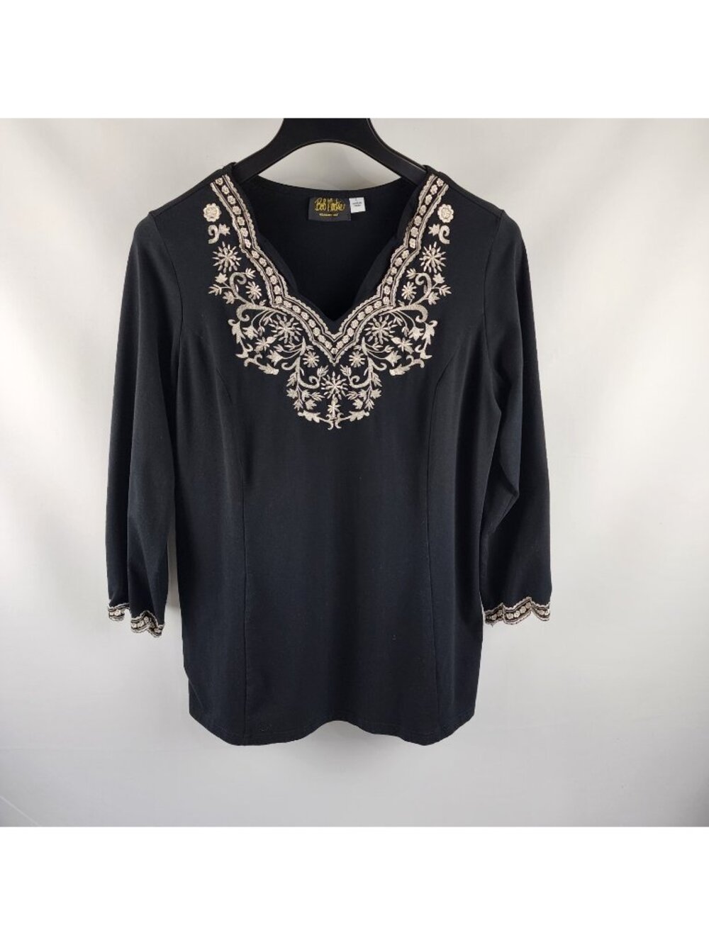 Bob Mackie Shirt Womens L Black Wearable Art V-Neck Ornate White Embroidery